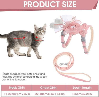 TIESOME Cat Harness and Leash Set, Adjustable Gradient Kitten Harness Escape Proof Harness with Leash for Kitty Outdoor Walking (Ribbon Bear Pink)