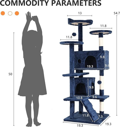 Cat Tree for Indoor Cats, Multi-Level Cat Tower with Scratching Posts & Cozy Condo, Space Saving Cat Activity Center, Durable Pet Play House (54in,Navy Blue)