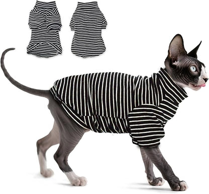 Fleece Sphynx Cat Clothes Soft Hairless Cat Clothes Pullover Cat Sweater for Chihuahua All Season Light and Warm Kitten Cloth for Cats Only Puppy Clothes Small Dog Sweater (B-Striped, S)
