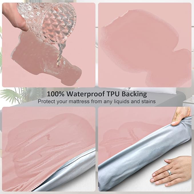 Waterproof Mattress Protector Queen, Fitted Sheet Style Breathable Mattress Cover with Deep Pocket Fits Up to 18'', Noiseless Bed Cover for Kids Adults Pets, Machine Washable (Pink, 60'' X 80'')
