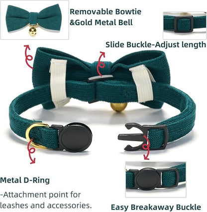2 Pack Soft Corduroy Cat Collars with Bow Tie & Bell Adjustable Breakaway Bowtie Kitten Collar for Girl Boy Kittens(Orange & Dark Green)