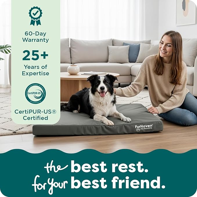 FurHaven Water-Resistant Orthopedic Dog Bed for Large Dogs, Oxford Polycanvas Mattress with Egg Crate and a Solid Orthopedic Foam Base for Joint Support, Washable Cover, Large, Stone Gray