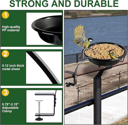 10.6-Inch Bowl Deck Mounted Bird Bath for Outside, Metal Birdbaths for Outdoors, Outdoor Bird Bath with Adjustable Clamp for Railing Balcony Fence, Bird Feeders for Outdoors Garden Decor