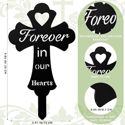Grave Decorations for Cemetery: Forever in Our Hearts Metal Pet Grave Marker - Cross Sympathy Memorial Stake for Outdoor. Ideal Gifts to Honor The Memory of Departed Loved Ones(9.8 x 5.6'')