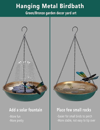 Hanging Birdbath Bird Feeder for Outdoor 11 Inch Green/Bronze Cute Metal Bird Bath Bowl with Detachable Black Chain Metal Dragonfly Backyard Birdbath Garden Decor