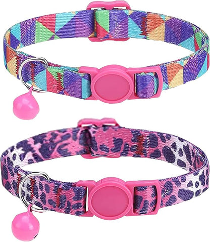 SOLMOONY Cute Cat Collar for Girl Boy,Colorful Breakaway Cat Collars with Bell 2 Pack，Adjustable Printed Nylon with Safety Buckles Kitten Collar (Leopard Print)