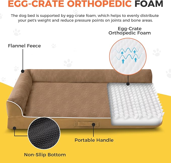 Dog Bed Large Sized Dogs, XL Orthopedic Dog Bed for Large Dogs 42"x30"x7.5", Waterproof Pet Bed with Washable Removable Cover, L-Shaped Pet Couch with Portable Handle, Camel