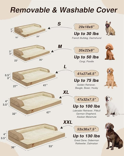 KSIIA Washable Dog Bed XXL Senior Dog, Orthopedic Warm Soft Pet Sofa Waterproof Pet Couch with Sides, Non-Slip and Egg-Crate Foam Jumbo Beds with Removable Cover, 47x32Inch, Brown