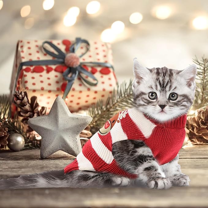 Dog Christmas Sweater Cute Striped Reindeer Xmas Pet Clothes Holiday Puppy Cat Costume New Year Gifts for Small Medium Large Dogs Jumpers (XXS, Red White Stripe Reindeer)