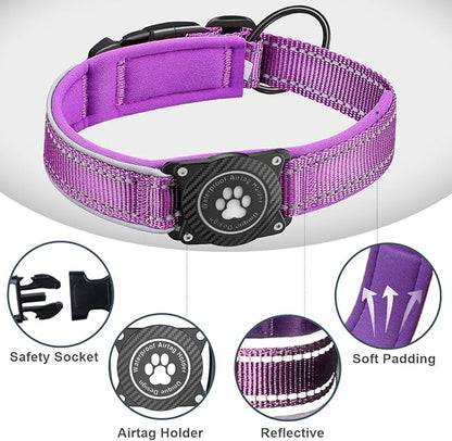 Airtag Dog Collar with Waterproof Air Tag Holder, Luminous Reflective, Soft Padded, Adjustable Nylon Pet Collar for Small Medium Large Heavy Duty Dogs,Purple, L