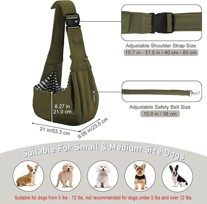 PETLOFT Reversible Dog Cat Sling Carrier, Small Dog Carrier, Adjustable Dog Sling, Hands Free Cross Body Carrier with Collar Hook for Dog/Cat/Bunny up to 11lb (Army Green)