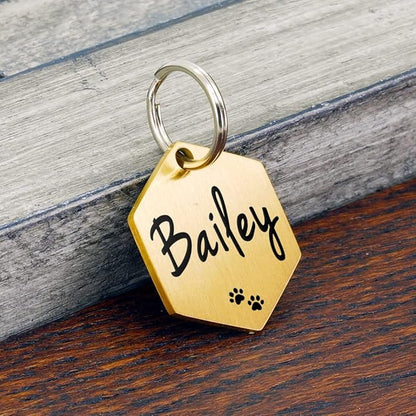 Ultra Joys Custom Personalized Hexagon Dog ID Tag - Brushed Stainless Steel, Gold, Large