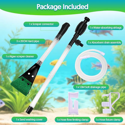 Fish Tank Cleaner Gravel Vacuum for Aquarium Water Changer Aquarium Siphon with Double Sided Sponge Brush Algae Scraper Fish Tank Cleaning Kit for Cleaning Gravel & Sand (Black)