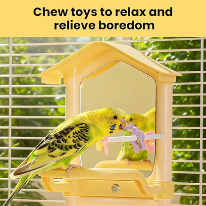 8.1 Inch Pet Bird Mirror with Perch Stand and Parakeet Chew Toys,Parrot Toys Bird Cage Decorative Accessory, Helps Birds Release Stress for Canaries Budgies Lovebirds Conures Cockatiels (Yellow)