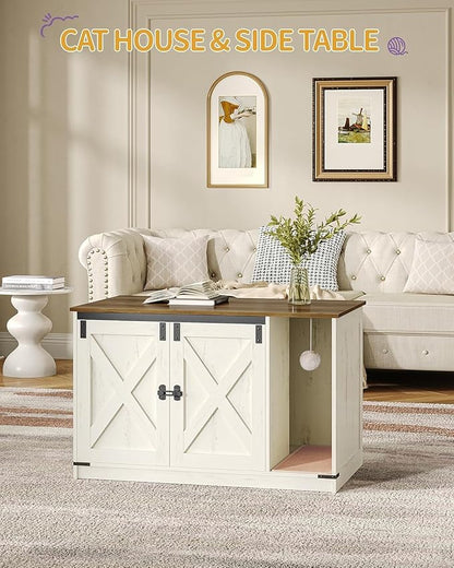Cat Litter Box Enclosure, Hidden Litter Box Cabinet Furniture with Bell, Indoor Cats House, Farmhouse Style, 39.4 x 21.7X 24.8 Inches for Hallway, Bedroom, Rustic Brown and White CB85214X