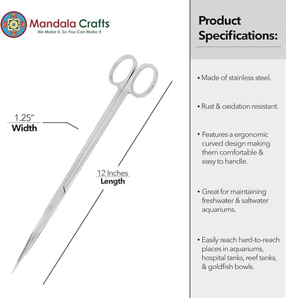 Mandala Crafts 12 Inches Silver Stainless Steel Straight Aquarium Scissors for Trimming Aquatic Plants – Long Aquascape Scissors for Fish Tanks, Hospital Tanks, Goldfish Bowls, and Terrariums
