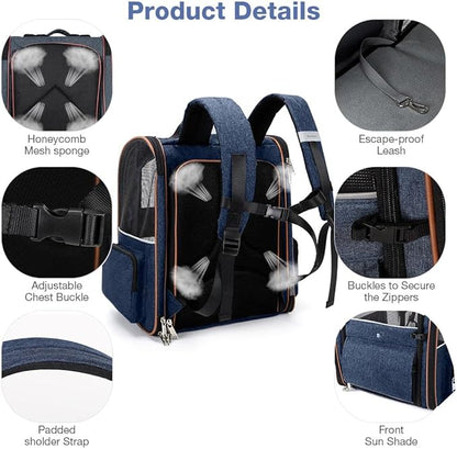 Lekebobor Extra Large Cat Backpack Carrier Expandable Pet Carrier Backpack for Small Dogs Medium Cats Fit Up to 18 Lbs, Dog Backpack Carrier, Foldable Puppy Backpack Carrier for Travel, Hiking,Blue