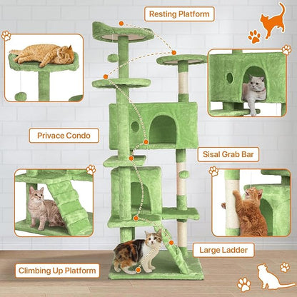 54” Cat Tree Tower for Indoor Cats - Multi-Level Playhouse with Sisal Scratching Posts, Condo, Perch & Hanging Toy - Tall Cat Furniture Activity Center (Green)