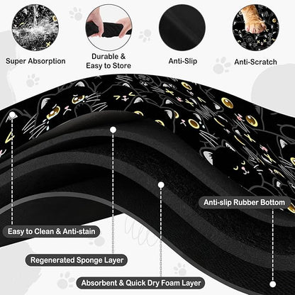 Cat Food Mat for Pet Dog Food Mat, Black Cat Absorbent Quick Dry Dog Bowl Mats for Food and Water, Non-Slip Cat Pet Feeding Mats for Floor Placemats 12"x20"