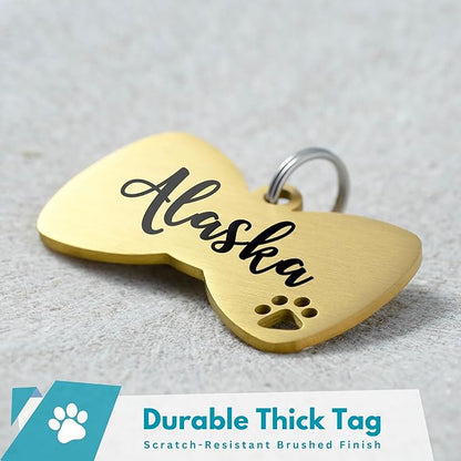 Ultra Joys Dog Tags Personalized for Pets - Hollow Paw Custom Pet ID Tag - Engraved Dog Tag for Small, Large Dogs - Small Bow Tie in Gold