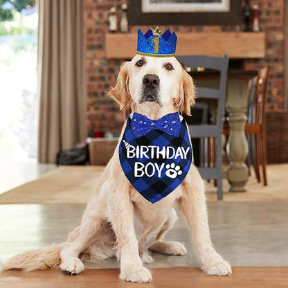 STMK Dog Birthday Party Supplies, Multi Size Dog Birthday Hat with Numbers Bandana Bow Tie for Medium Large Dogs Pets (Blue, Large)