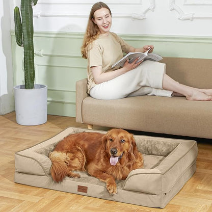 Comfort Expression Orthopedic Dog Bed for Extra Large Dogs 42x30 Inch, Waterproof Egg Crate Foam XL Pet Bed with Removable Bolsters, Dog Couch with Washable Cover & Non-Slip Bottom, Light Brown