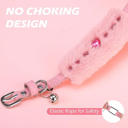 EXPAWLORER Valentine's Day Cat Collar - Adjustable Furry Leather Cat Collars with Pearls and Gemstones for Girl Boy Cats, Elegant Plush Pet Collar with Bell & Durable D-Ring, Pink
