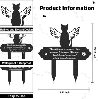 Cat Memorial Decorations - Garden Stakes Markers with Angel Wings, Waterproof Metal Plaques for Cemetery, Cat Grave Decor