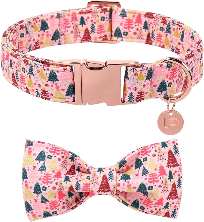 Christmas Dog Collar with Bow Tie, Pink Christmas Tree Collars for Dogs, Adjustable Pet Collar with Cute Xmas Tree Pendant, Winter Dog Accessories for Small Medium Large Dogs L