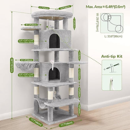 Globlazer Corner Cat Tree for Large Cats, 66inch Tall Curved Series Large Cat Tower for Multiple Indoor Cats with 6 Scratching Posts, 2 Spacious Cat Condos, Hammock, Hanging Basket, C66, Light Grey