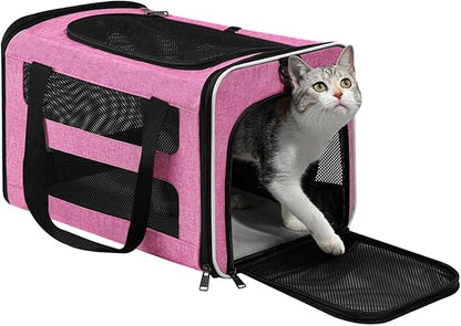 Cat Carrier Soft-Sided Travel Bag for Medium to Large Cats Over 15lbs, Small Dog Carrier Crate Top Entry Breathable Mesh Puppy 12 Pounds, Pet Rabbit Carrying Cage Kennel Collapsible Pink