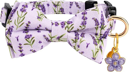 2 Pack Breakaway Cat Collar with Removable Bow Tie and Bell for Boy Girl Cats,Cute Cotton Kitten Collar with Purple Lavender and Red Flower Pattern for Female Male Cats (Lavender&Flower)