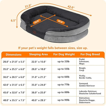 Dwanton Orthopedic Dog Bed for Large Dogs with Gel Memory Foam, Waterproof Dog Sofa, Washable Pet Bed with Four Sided Bolster Cushion, Removable Cover & Non-Slip Bottom, 42", Dark Gray