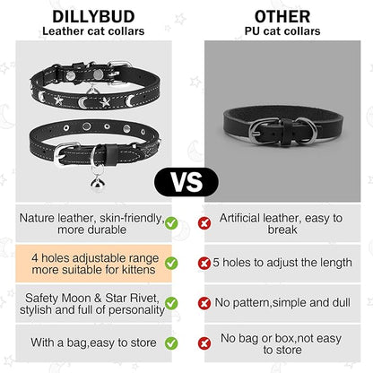 Leather Cat Collars for Boy Girl Cats with Bell and Safety Elastic Belt, Personalized Star and Moon Stud Adjustable Safe Buckle Collar for Kitty Small Big Cats Size 8-12 Inch, Black