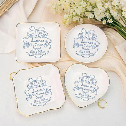 Personalized Ring Dish Engagement Gift, Whimsical Doodle Engaged Ring Holder, Custom Wedding Jewelry Dish, Jewelry Tray Gifts for Newly Engaged Couple Her Bride Wife Bestie