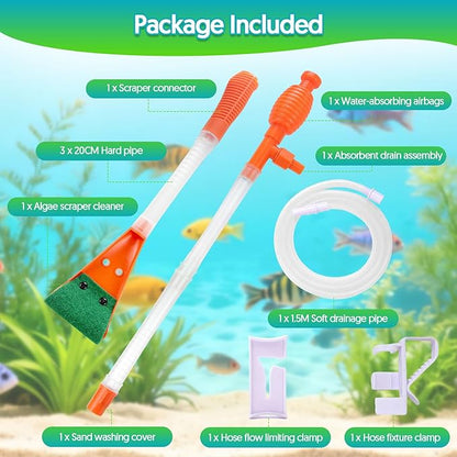Fish Tank Cleaner Gravel Vacuum for Aquarium Water Changer Aquarium Siphon with Double Sided Sponge Brush Algae Scraper Fish Tank Cleaning Kit for Cleaning Gravel & Sand (Orange)