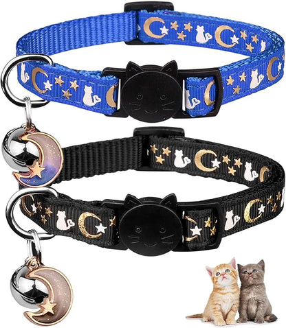 Baeuppit 2PCS Breakaway Cat Collars with Bell Moons Stars Cute Kitty Adjustable Safe Kitten Collars with Pendant Glow in The Dark(Black&Blue)