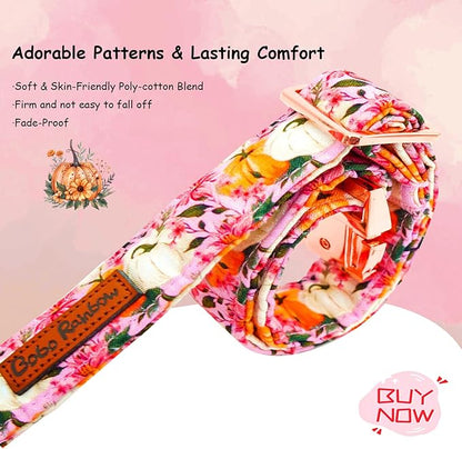 Fall Dog Collar, Pink Flower Pumpkin Print Adjustable Pet Collar Cute Cotton Soft Collars with Bow Tie Metal Buckle Holiday Puppy Collars Boy&Girl Gift for X-Small Dogs