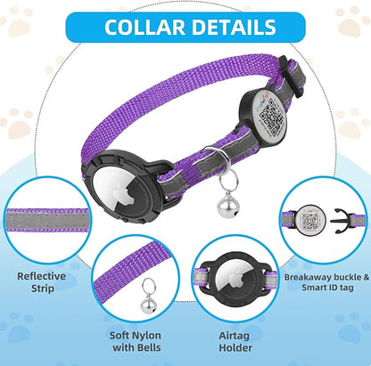 Airtag Cat Collar Breakaway with QR Code Name Tag, Reflective cat Collar airtag Holder with Bell, Cat ID Tag Personalized, Ultra-Durable, Adjustable, Quick Release, Fits Small Large Cats, Purple