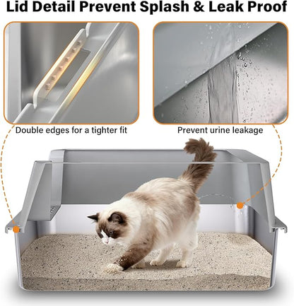 2 Pack Stainless Steel Litter Box,XL Metal Cat Litter Box with Lid High Sides,Extra Large Litter Box for Big Cats,Odor-Resistant, Scratch-Proof, Easy to Clean,Scoop &Mat Included