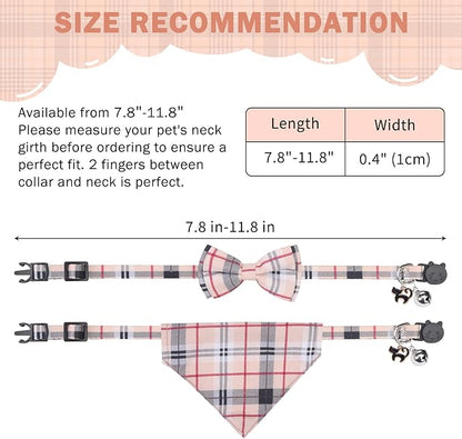 SCENEREAL Plaid Cat Collar with Bow Bandana - 2 Pack Breakaway Kitten Collar with Removable Bowtie Bell, Adjustable Cute Cat Collar for Cats Kittens, Beige