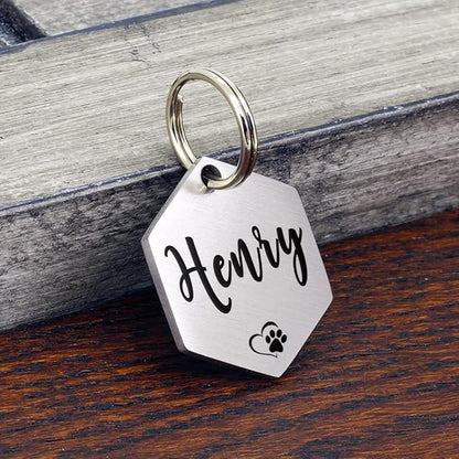 Ultra Joys Custom Personalized Hexagon Dog ID Tag - Brushed Stainless Steel Silver, Small