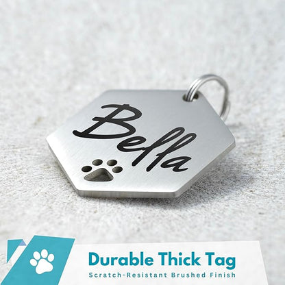 Ultra Joys Dog Tags Personalized for Pets - Hollow Paw Custom Pet ID Tag - Engraved Dog Tag for Small, Large Dogs - Small Hexagon in Silver