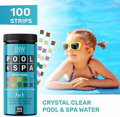 JNW 7-in-1 Pool Test Strips, 100 Quick & Accurate Test Strips for Pool Water, Spa Test Strips for Hot Tub, Chlorine Test Strips, Bromine, pH, Alkalinity, Hardness & More - Swimming Pool Test Kit