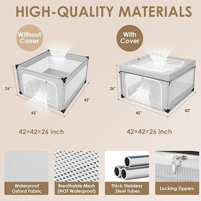 EHEYCIGA 42x42x26 Inches Puppy Playpen Without Top Cover for Dogs & Cats Indoor or Outdoor - Dog Playpen with Door, Dog Fence for Small Animal with Heavy-Duty Oxford & Steel Frame, Sliver Grey