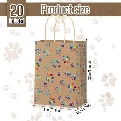 Blulu 20 Pcs Puppy Dog Paw Gift Bags with Paper Twist Handles, Dog Gift Paper Paw Treat Goodie Bags for PET Treat Party Favor, 6.3 x 3.1 x 8.6 Inch(Kraft Backing, Dazzling Paws)