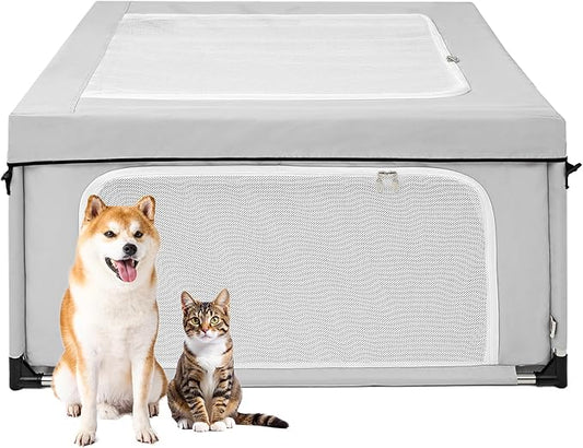 EHEYCIGA 42x42x26 Inches Puppy Playpen with Top Cover for Dogs & Cats Indoor or Outdoor - Dog Playpen with Door, Dog Fence for Small Animal with Heavy-Duty Oxford & Steel Frame, Sliver Grey