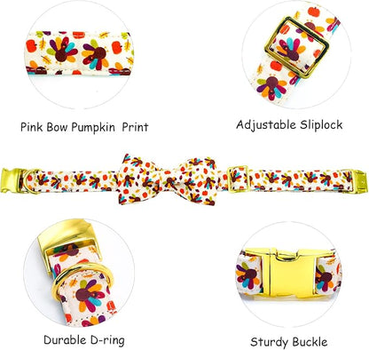 Thanksgiving Dog Collar, Turkey Dogs Collars Bow Tie Pet Collar Adjustable Pet Collars Premium Metal Buckle Autumn Leaf Necklace for Large Dogs