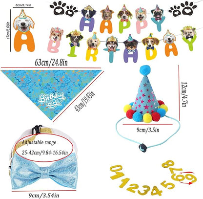 Happy Birthday Dog Party Supplies Kit - Dog Party Hat, Bandana, Bowtie & Happy Birthday Banner Decorations for Small Dogs, Puppy Birthday Outfit Accessories & Pet Birthday Party Decor (Blue)
