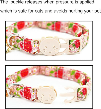 Cat Collar-2 Pack Cat Collars bee & Strawberry Cat Collar Breakaway with Kitten and Bell Pendant Safety Buckle Adjustable Cute Pet Collar for Girl Cats Gift for Cats and Small Pets